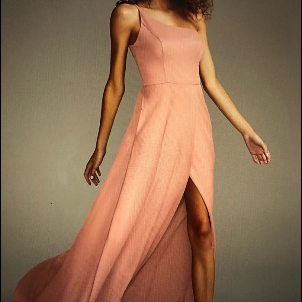 One shoulder bridesmaid dress.